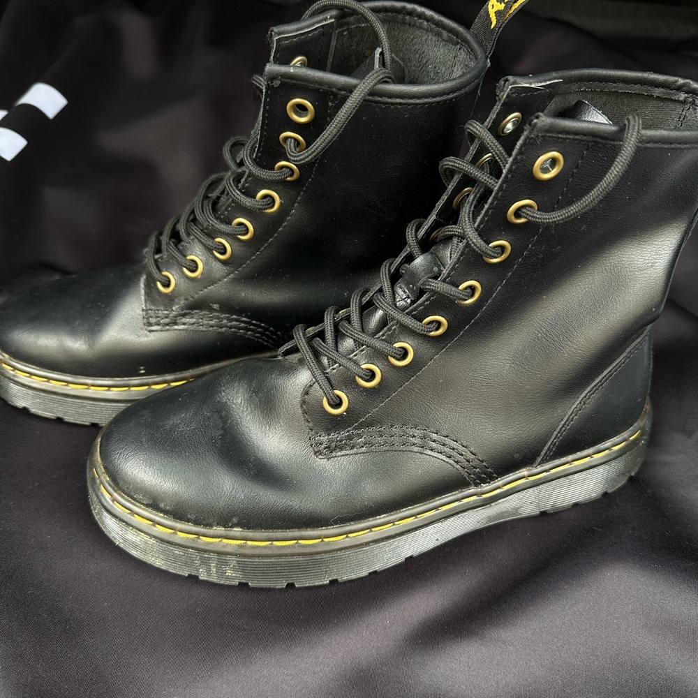 Dr. Martens Black Leather Combat Boots with Yellow Stitching